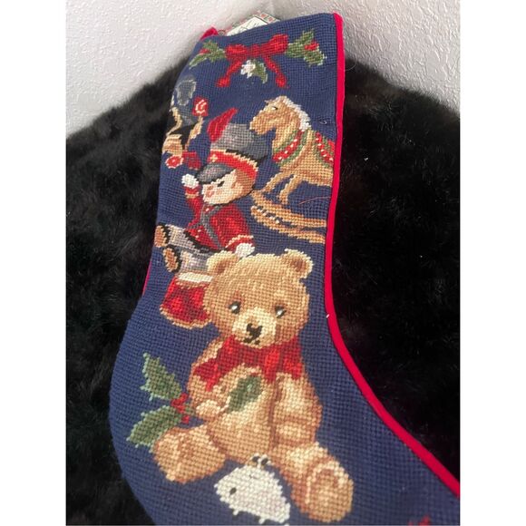 New Needlepoint Embroidered Christmas Stocking Bear/Rocking/Horse/Velvet - Picture 4 of 5